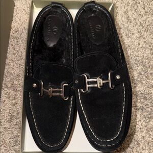 Cole Haan Black Suede Slip-Ons with Silver Accents in box